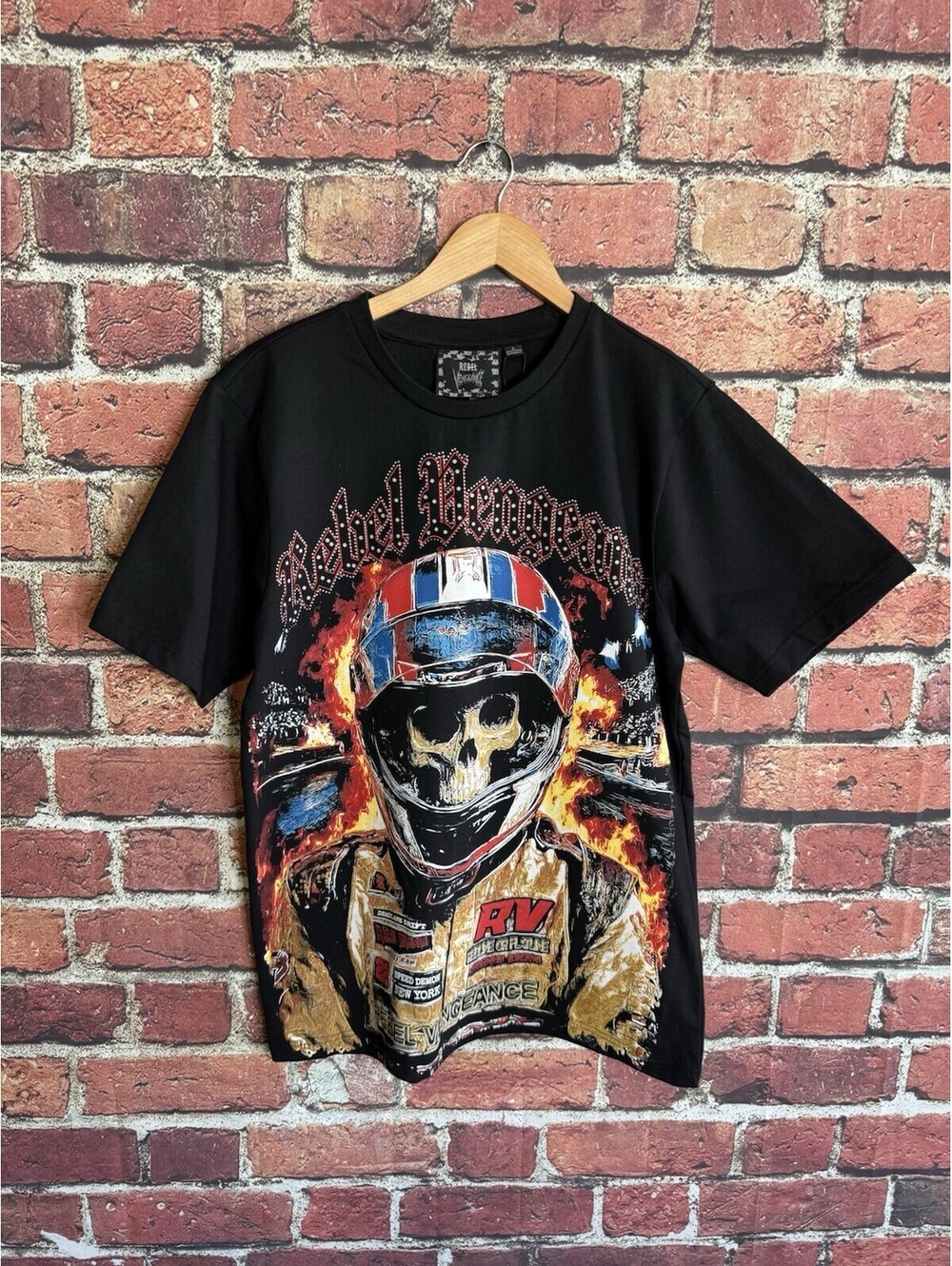 Rebel Vengeance Mens Black Skull Racer Motorsports All-Over Graphic Size Large